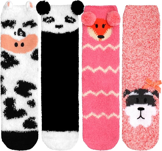 BambooMN Super Soft Warm Cute Furry Animal Non-Slip Fuzzy Cozy Fluffly Crew Winter Home Socks, Value Pack