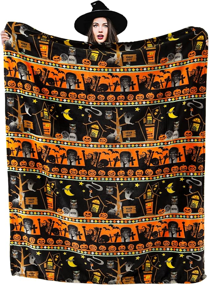 Ghost Halloween Blanket 50” x 70” Reversible Castle Gravestone Pumpkin Print Fleece Throw Blanket, 320 GSM Surper Soft Warm Cozy Blanket for Couch Sofa, Halloween Harvest Gifts and Orange Home Decor