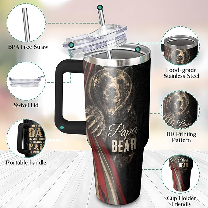 40 Oz Papa Bear Tumbler with Handle and Straw, Double Wall Stainless Steel Cup, 40 Oz Leak Proof Insulated Mug, Bear Gifts for Dad and Fathers Day Gift