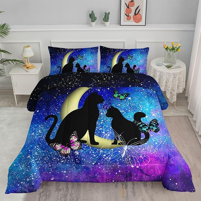 Black Cat Bedding Cartoon Cat Comforter Set Queen,Butterflies Moon Printed Kids Bedding Set for Kids Boys Girls Adults Teens,Kids Comforter Set All Season,1 Quilt 2 Pillow Cases,Blue