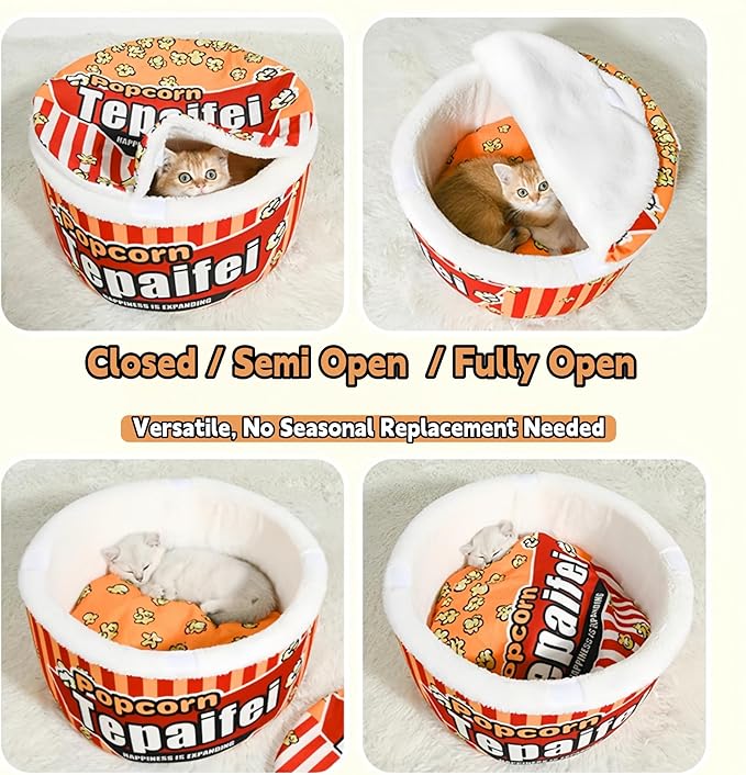 Popcorn Dog and Cat Bed - Warm Cat House for Indoor Cats, Ultra Soft Calming Dog Bed with Removable Washable Cushion for Small, Medium, and Large Dogs and Cats - Cheese