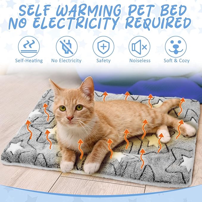 2 Pack Self Warming Cat Mat Self Heating Cat Pad Cat Bed Reversible Machine Washable Reflects Body Heat Warm Thermal Pet Pad Crate Blanket for Feral and Indoor Cat (Double Star,21" X 14")