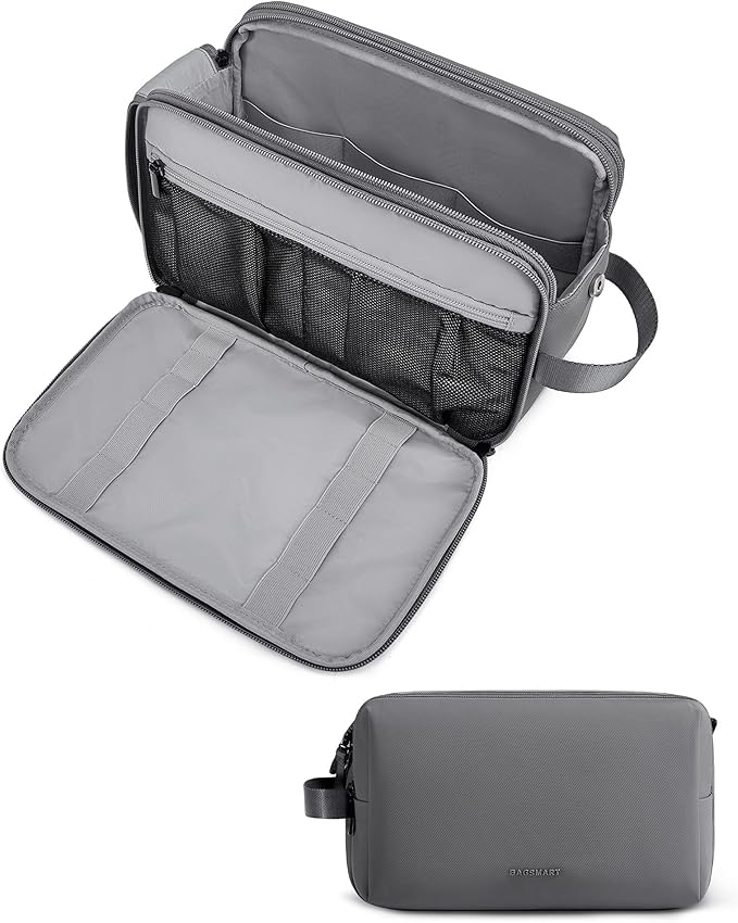 BAGSMART Toiletry Bag for Men, Travel Toiletry Organizer Dopp Kit Water-resistant Shaving Bag for Toiletries Accessories, Door Room Essentials,Grey-large