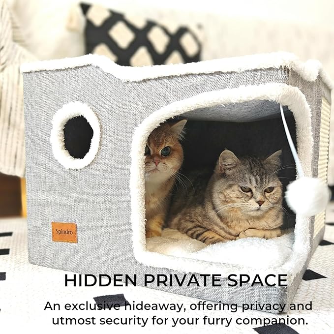 Large Cat Bed for Indoor Cats, Foldable Adult Cat Cave Anti Anxiety Cat House Cube with Scratch Pad Cat Towers, Cute Kitten Condo Hideaway Hut with Soft Pillow Mat for 2 Pets Under 30 lbs