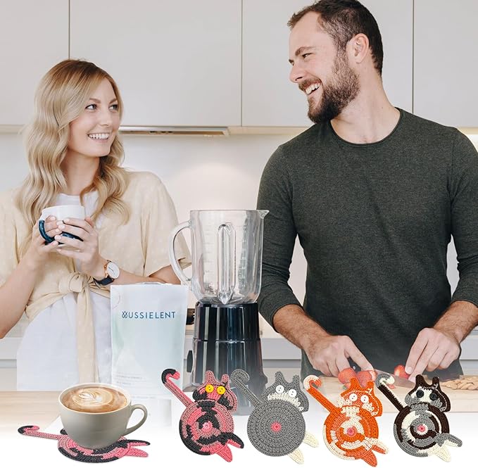 8 Pcs Coasters for Drinks, Boho Style Coaster, Cotton Woven Creative Cute Cat Coaster, Funny Coasters for Bar, Table Protection Suitable, Housewarming Gifts New Home