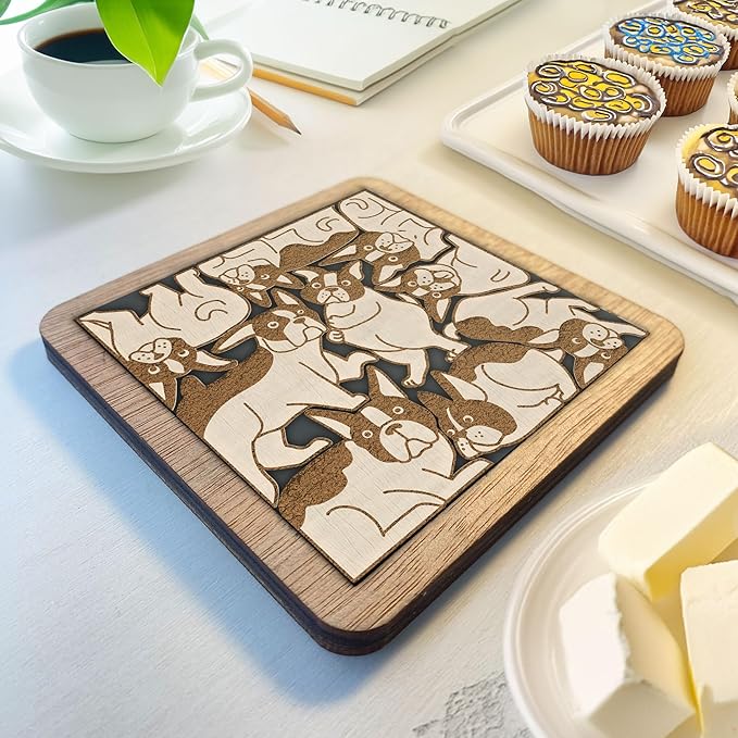 02 Boston Terrier Dog Coaster - Boston Terrier Dog Puzzle Wooden Coaster Set - Interlocking Jigsaw Drink Mats with Laser-Cut Design for Boston Terrier Lovers