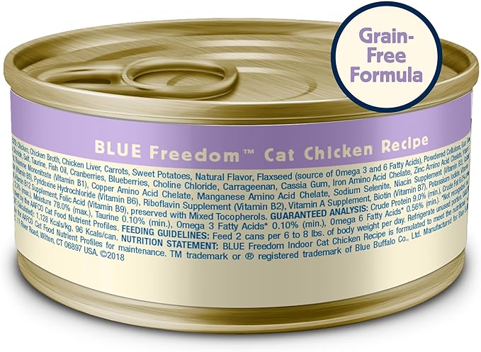 Blue Buffalo Freedom Grain-Free Adult Wet Cat Food, Complete & Balanced Nutrition for Indoor Cats, Made with Natural Ingredients, Chicken Recipe, 5.5-oz. Cans (24 Count)