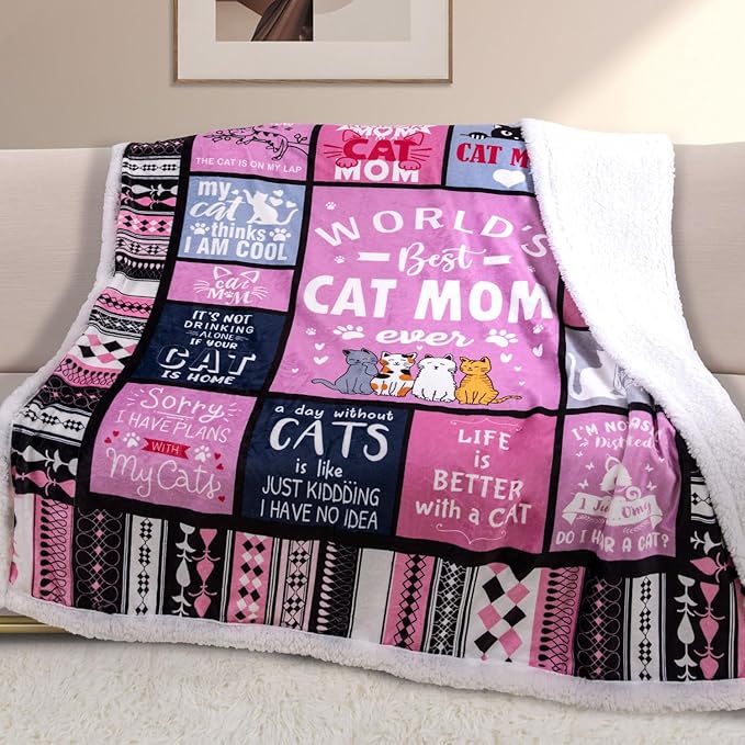 Cat Moms Sherpa Blanket for Cats Lovers Women Best Cat Mom Ever 50" X 60" Soft Throw Blanket Cats Themed Gifts for Women Girls