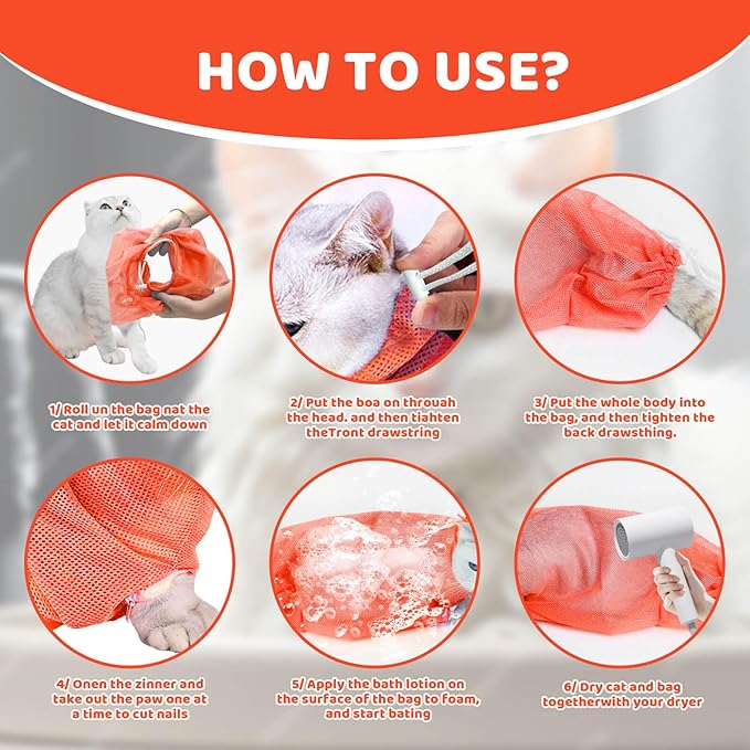Cat Bathing Bag Anti Scratch and Bite, Cat Shower Bag Soft Mesh Net Bag for Small/Medium/Large Cats Restraint Grooming Nail Trimming Washing - Orange