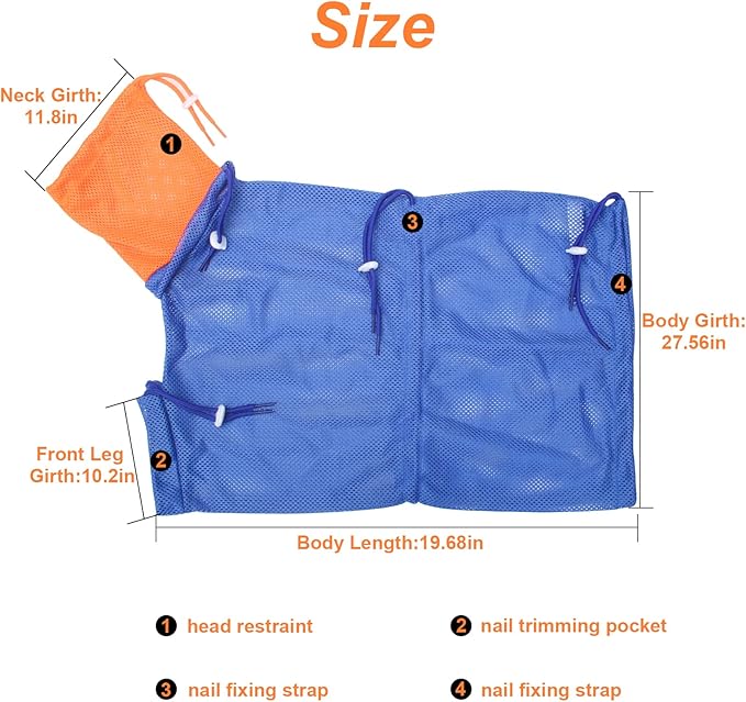 Cat Bathing Bag, Breathable Mesh Anti Scratch Adjustable Cat Grooming Bag for Nail Trimming, Bathing Polyester Soft Cat Washing Bag (Blue-Orange)