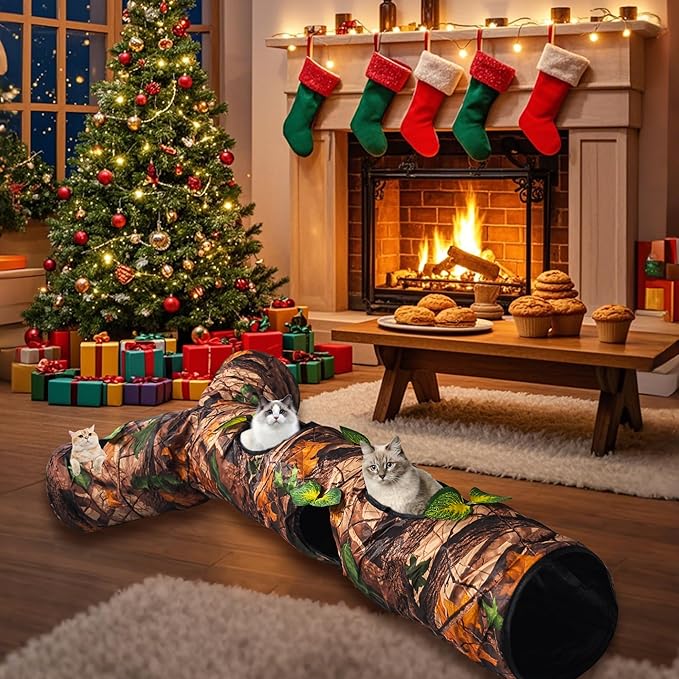 Cat Tunnel for Indoor Cat Large,Cat Bed Toy with Three Channels and Leaves,Y-Shape Cat Cave, Foldable Easy to Store,Suitable for Cats and Other Small Pets to Chase and Play, L 59",Brown