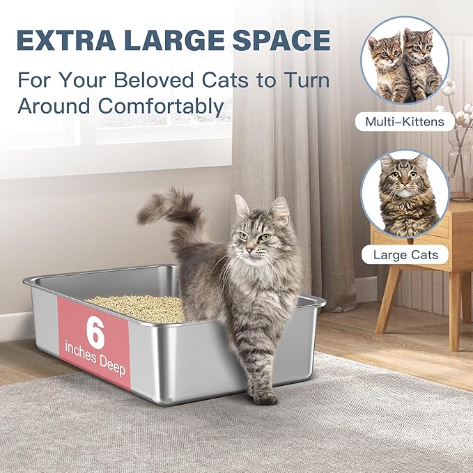 1Pack 23.6" x 16" x 6" Deep&Extra Large Stainless Steel Cat Litter Box, High Sides Metal Cat Litter Box for Multi-Cats Big Cats XL Metal Litter Pan Tray, Non-Sticky, Easy Cleaning