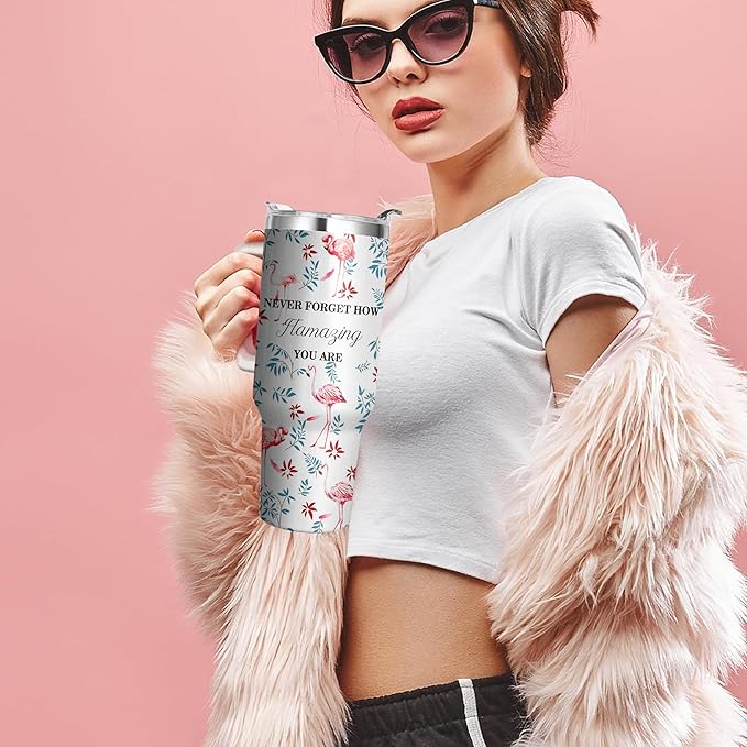 40 Oz Flamingo Tumbler with Handle and Straw, Flamingo Cup Double Wall Stainless Steel Flamingo Mug, Insulated Flamingo Coffee Cup, 40 Oz Flamingo Drinking Cup as Flamingo Gifts for Women