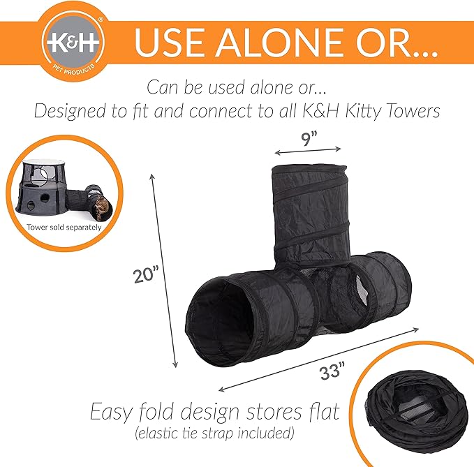 K&H Pet Products Cat Tunnel Tube Toys 3 Way Collapsible, Interactive Play Tube with Peek Hole for Indoor Cats, Kittens, Puppies, Rabbits; Compatible with K&H Cat Towers - Black 33" x 20" x 9"