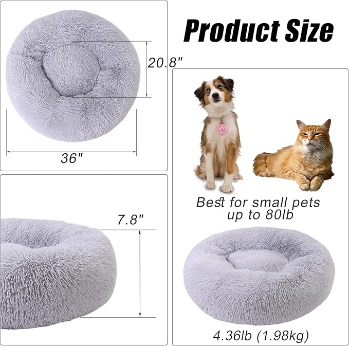 Calming Dog Bed, Dog Beds Fits up to 80 lbs Pets, Fluffy Donut Dog & Cat Bed Washable, Round Anti Anxiety Dog Bed, Small Dog Bed with Non-Slip Bottom (Light Grey, 36" x 36")