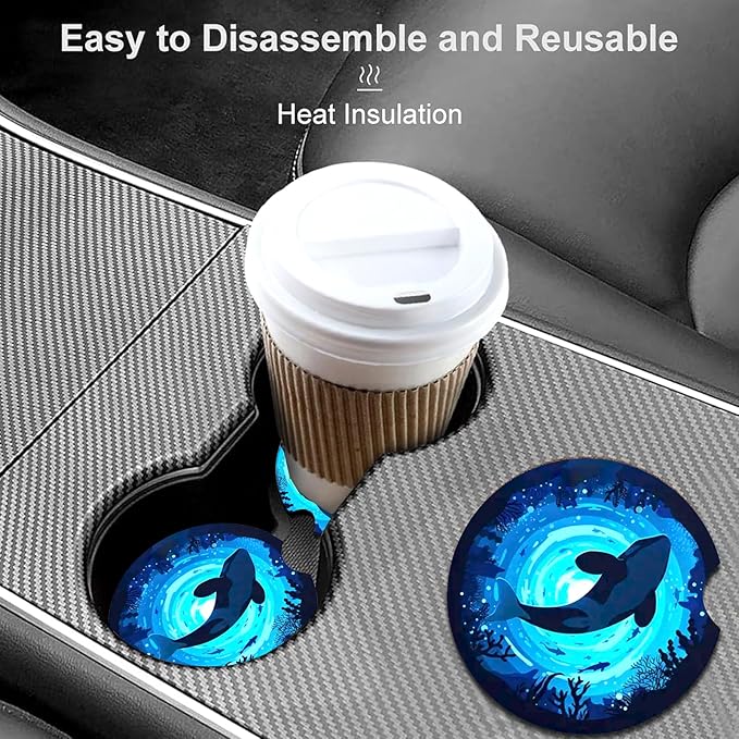 Car Coasters for Cup Holders,2 Pack Killer Whale Car Cup Holder Coasters,2.75" Universal Size Anti Slip Rubber Mat,Automotive Cup Holder Decal Decor Accessories,Whale Gifts for Women,Men,Mom