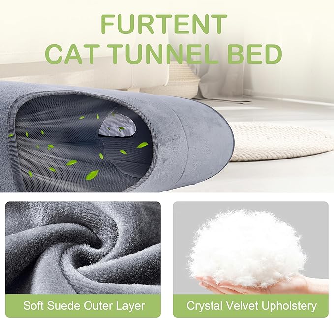 Cat Tunnel Bed, Collapsible Peekaboo Pet Cave Indoor for Multiple Kittens and Rabbits to Play, Sturdy and Scratch Resistant - Cat Interactive Toys, Removable Washable Soft Cushion (Gray, No Door)