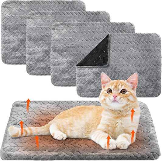 4 Pack Self Heating Cat Pad 16 x 20 Inch Self Warming Cat Bed Non Slip Warm Dog Pad Mat Washable Pet Kennel Pad Crate Bed Mat Removable Cover Cat Blanket for Indoor Outdoor Pets(Gray)