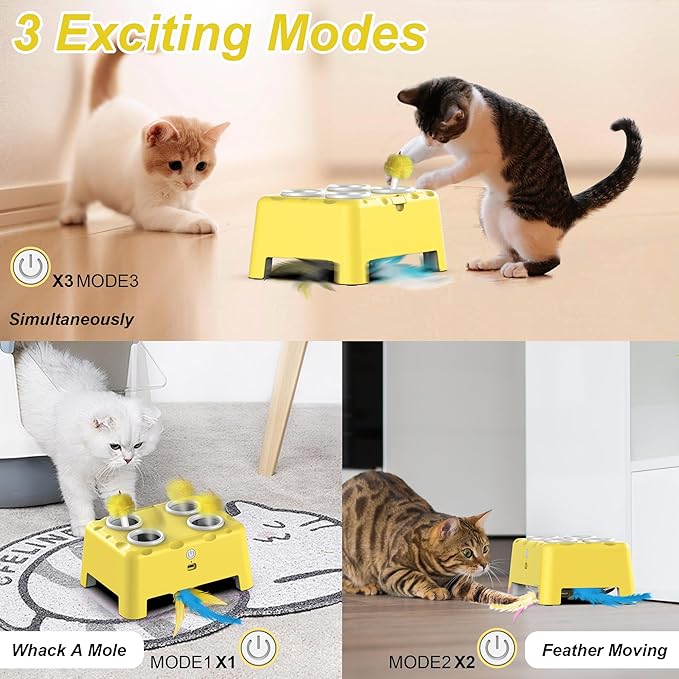 Cat Toys, Interactive Cat Toys, 2-in-1 Automatic Cat Toy, 4 Holes Mice Whack A Mole Cat Mouse Toy with Moving Feather, Portable USB Rechargeable Electronic Kitten Toys (Yellow)
