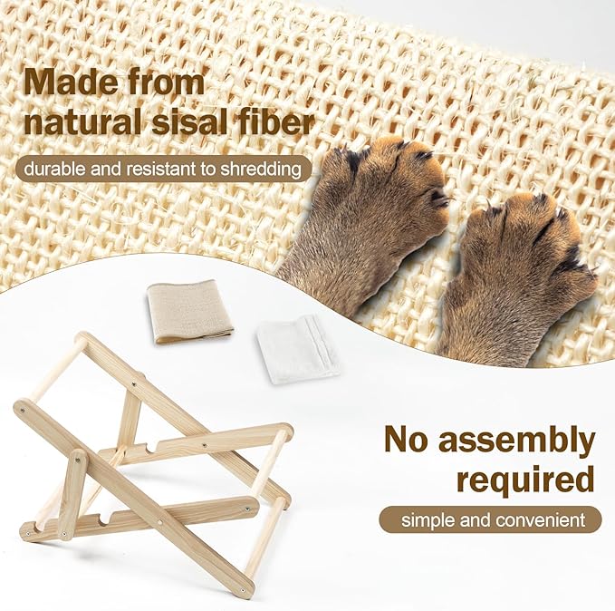 Sisal Cat Chair No Assembly Required, 3-Gear Adjustable Cat Sisal Lounge Chair, Natural Wooden Cat Chair for Indoor Cats with Removable Cat Chair Blanket, Cat Beach Chair for Small Medium pet