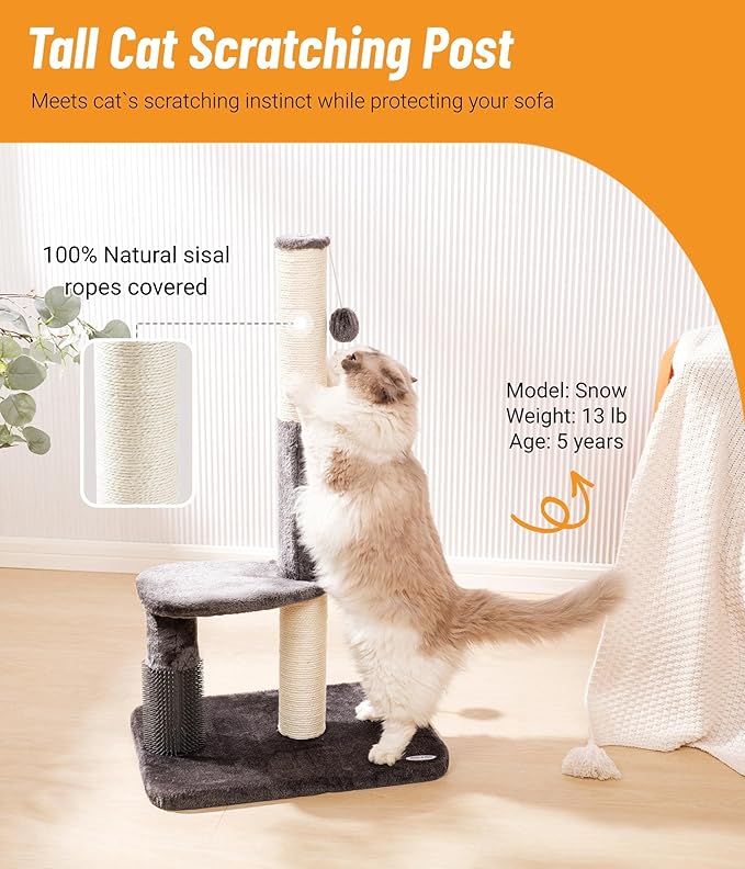 Happi N Pets 34“ Tall Cat Scratching Post for Big Cats, Natural Sisal Cat Scratchers for Indoor Cats, Heavy Duty Cat Stands Featuring with Cat Self Groomer and Hanging Toys, Free Catnip-Gray