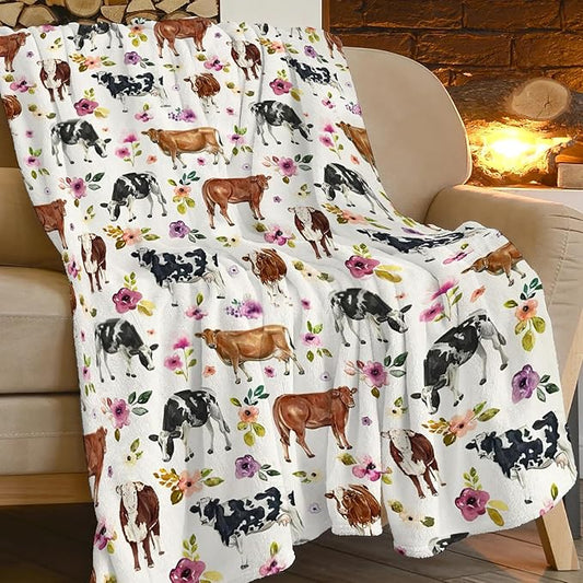 Cow Blanket Cattle Floral Decor Throw Blanket Super Warm Soft Plush Lightweight Fleece Flannel Farmhouse Cute Animals Blanket Gifts for Girls Boys Women Men for Winter Couch Bedding 60"X80"