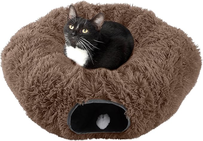 Cat Tunnel with Cat Bed for Indoor Cats - 3FT Multifunctional Cat Tunnel Bed with Cat Toys - Soft, Plush Peekaboo Cat Cave for Kittens, Cats, Ferrets, and Rabbits - Cat Products by PETMAKER (Brown)