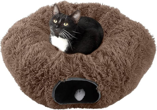Cat Tunnel with Cat Bed for Indoor Cats - 3FT Multifunctional Cat Tunnel Bed with Cat Toys - Soft, Plush Peekaboo Cat Cave for Kittens, Cats, Ferrets, and Rabbits - Cat Products by PETMAKER (Brown)