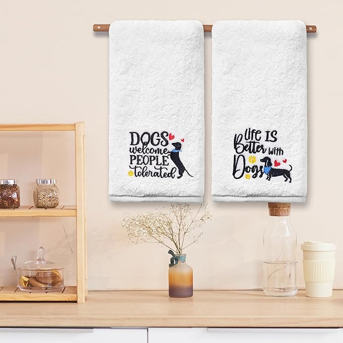 Dog Hand Towels for Bathroom Set of 2, Lover Gifts for Women Bathroom Decor Embroidered, Owners Mom Gifts Decorative New Home Tea Towels, 100% Cotton Soft for Kitchen 14x30 Inches