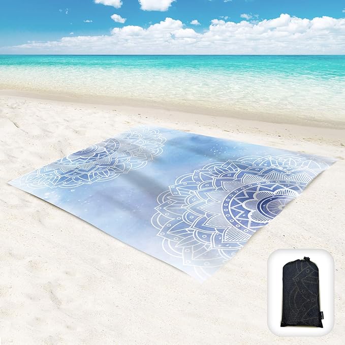Beach Blanket Waterproof Sandproof Oversized 95”x 80”,Sand Free Beach Mat with Corner Pockets,Portable Mesh Bag for Beach Festival,Picnic,Travel and Outdoor Camping (LightBlueMandala)