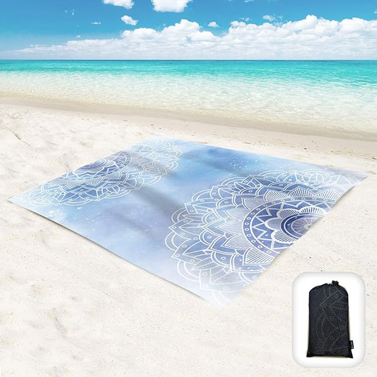 Beach Blanket Waterproof Sandproof Oversized 95”x 80”,Sand Free Beach Mat with Corner Pockets,Portable Mesh Bag for Beach Festival,Picnic,Travel and Outdoor Camping (LightBlueMandala)