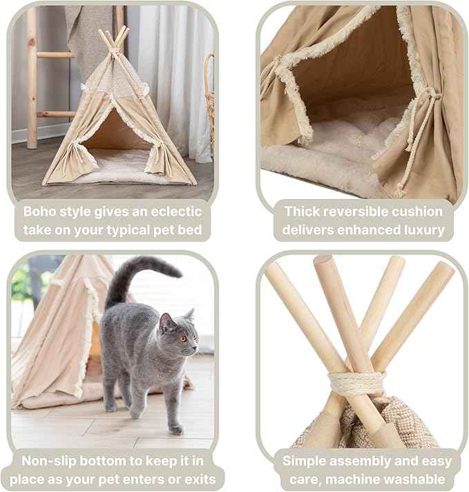 TRIXIE Boho Tipi, Cat Cave, Cat Condo, Cat Bed Tent, Cat Retreat with Reversible Cushion