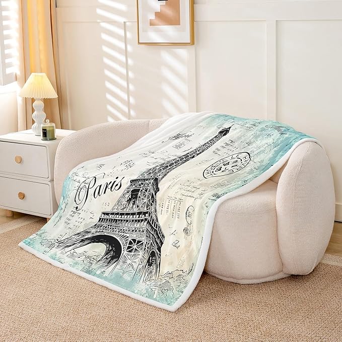 Eiffel Tower Sherpa Blanket Women Chic Retro Paris Theme Fleece Throw Blanket Vintage Paris Cityscape Plush Blanket Bedroom Decor French Teal Fuzzy Blanket Queen 90"x90"