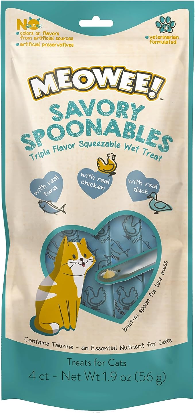 Savory Spoonables with Real Tuna, Chicken & Duck, 4 Count Tube, Triple Flavor Squeezable Lickable Wet Treats for Cats with Built-in Spoon for Less Mess