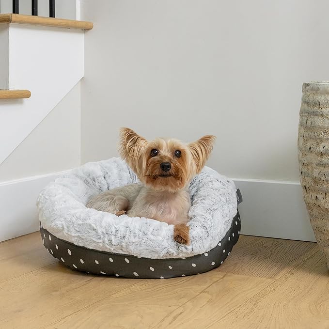 Fringe Studio Mudcloth Dabs Charcoal Small Circle Pet Bed 18"- Poly Filled with Faux Fur Interior - Machine Washable