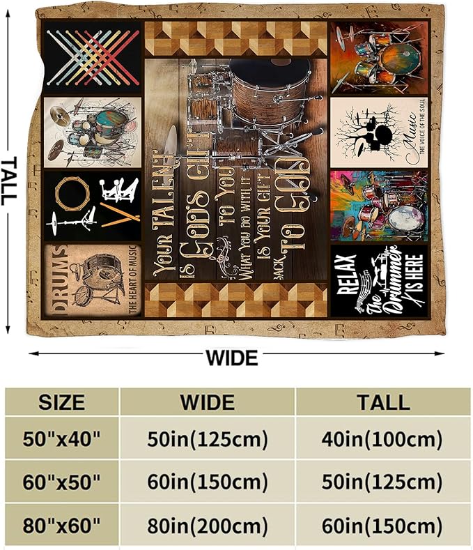 Rock Music Blanket Ultra Soft Cozy Drum Set Kit Throw Blanket Fleece Fuzzy Plush Bedding Vintage Musical Instrument Lovers Gifts for Women Girls Kids Adults 50"x40"