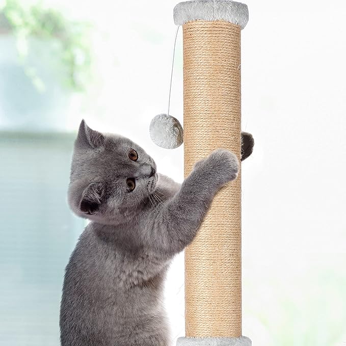 FluffyDream 37'' Cat Scratching Post, Natural Sisal Rope Scratcher with Dangling Teaser Ball and Covered with Soft Plush for Kittens and Adult Cats, Sand Color (Cat Tree 37")