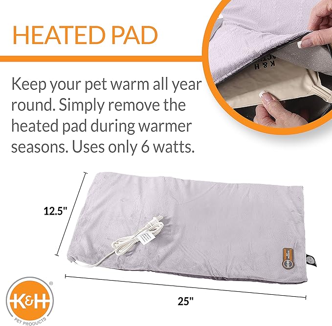 K&H Pet Products Heated Thermo-Kitty Mat, Indoor Heated Cat Bed, Pet Heat Pad for Indoor Cats and Small Dogs, Cat Heating Pad, Electric Thermal Warming Cat Bed Mat, Gray 12.5 X 25 Inches