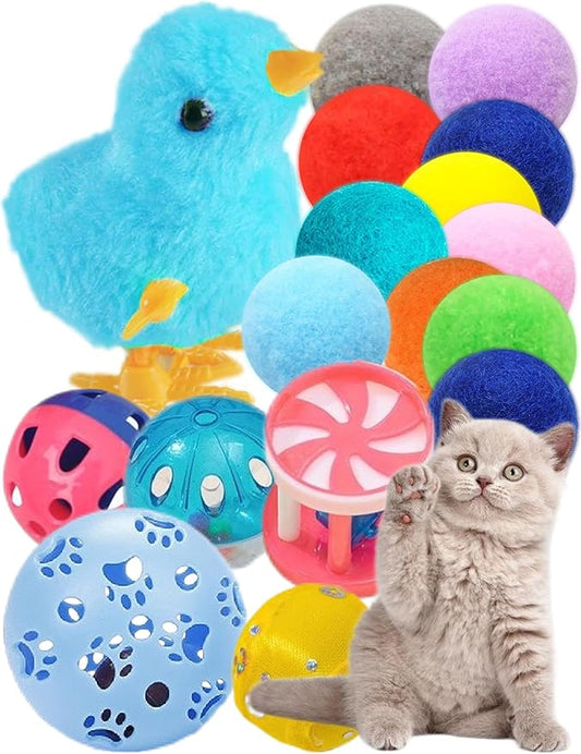 Cat Toys, 15 Pieces Set, Includes Kitten Toys, Like Plush Balls and a Mechanical Chick, Bell Balls, and Soft Toys for Indoor Cats to Play and Stay Active, Safe Materials for Hours of Fun