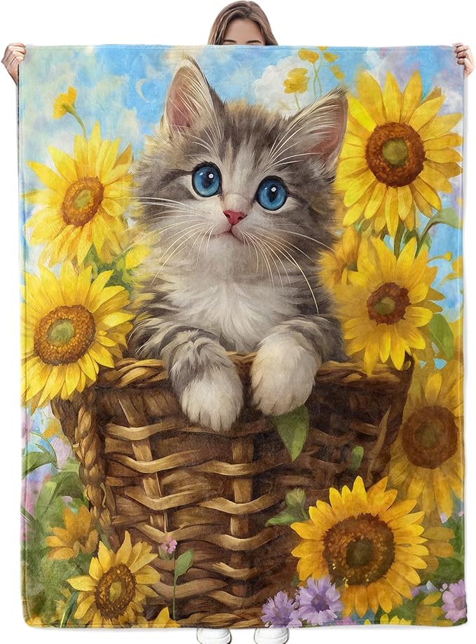 Cute Cat & Sunflowers Blanket - Ultra Soft & Cozy Flannel Kitten Throw Blankets, Warm, Lightweight & Fuzzy - Perfect for Bed, Couch, Travel & Outdoor Use - for Men Women Adults 60"×50"