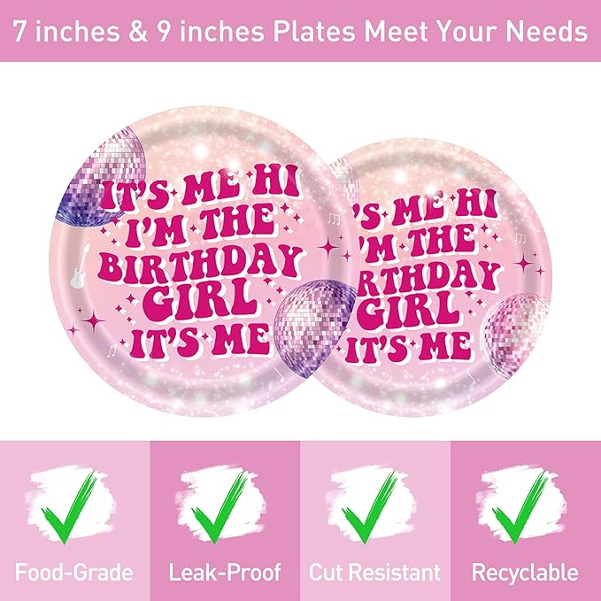 96 Pcs Birthday Plates and Napkins Party Supplies - Disposable Forks Paper Dessert Tableware Its Me Hi Im The Birthday Girl Its Me Decorations Table Dinnerware Favors Set, Serves 24