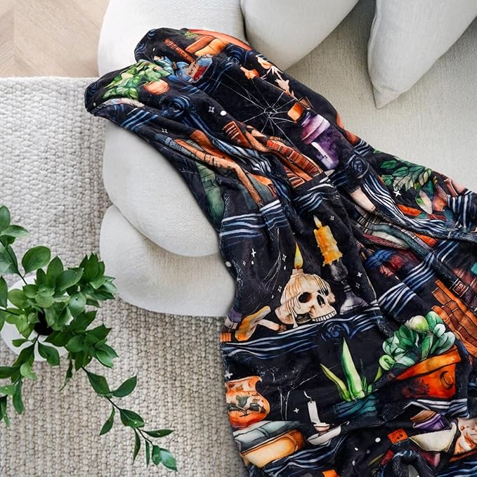 Book Lovers Gifts Witches Bookshelf Blanket,Halloween Skulls Black Cat Potions Cute Magic Goth Fleece Throw for Women Men,Flannel Blanket for Home Living Room Couch Bed Chair Dorm Decor 60"x50"