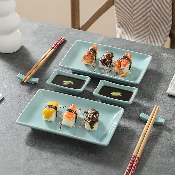 8 pcs Japanese Sushi Plate Sets Serving Platters and Trays for Entertaining Sushi Dishes Set Plates Sushi Plates Traditional Cuisine Dinnerware Sets with Chopsticks Blue Plum
