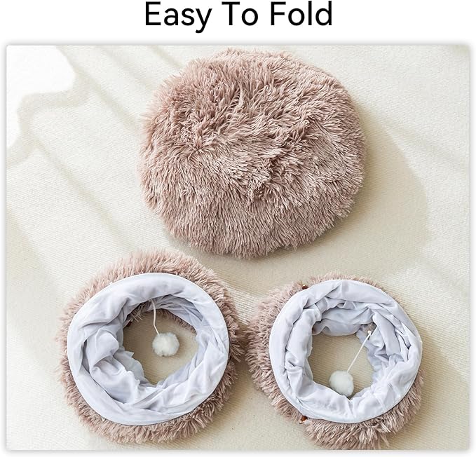 HIPIPET Winter Plush Cat Tunnel with Cat Bed for Indoor Cats,Multifunctional Cat Toys for Small Medium Large Cat.(Light Brown)