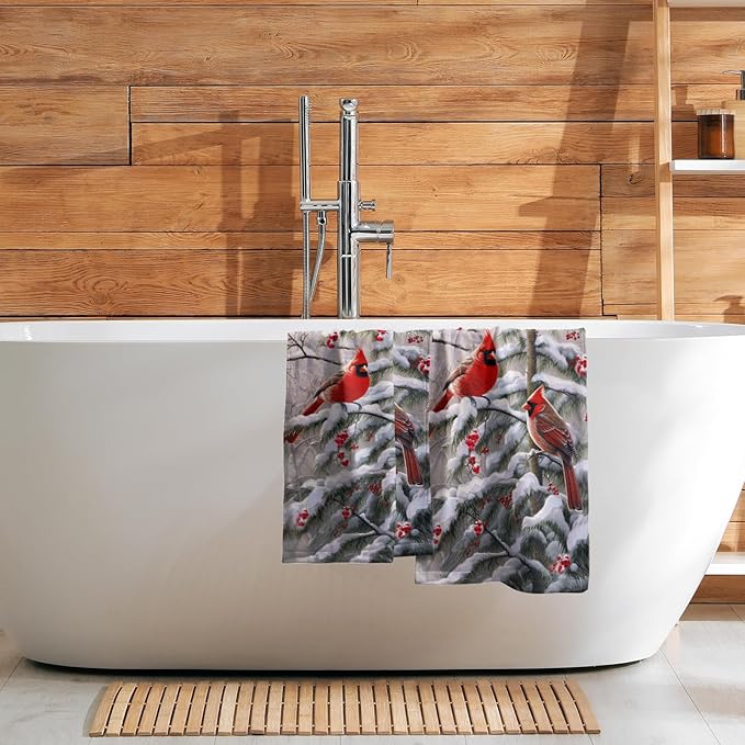 Red Bird Hand Towels Winter Berry Bathroom Decorative Bath Towels Set of 2 Soft Absorbent Dish Fingertip Towels for Home Kitchen Gym