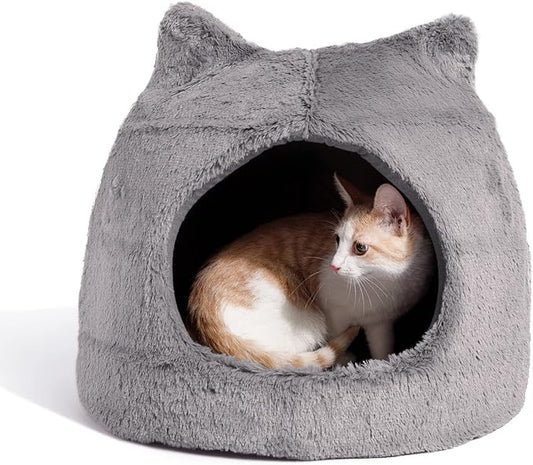 Best Friends by Sheri Meow Hut in Fur Cover Dome Cat and Dog Bed, Gray, Small