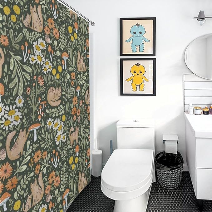 Cartoon Cute Forest Shower Curtains, Fairy Tale Mushroom Cat Flower Floral Leaf Green Pattern Decor Print Bath Drapes Set with Hooks, Waterproof Fabric Windows Treatment for Bathroom, 66x72in