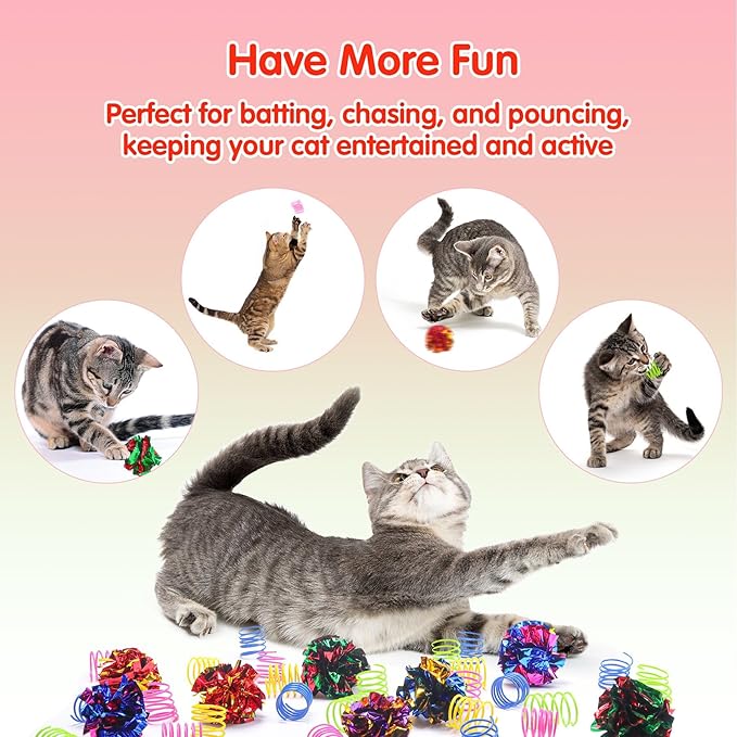 SEVENKA Cat Toys 8 Pcs Color Crinkle Balls and 24 Spring Toys, 2in/5cm Cat Toy Balls, Kitten Toys, Plastic Spiral Springs for Cat Swatting, Biting, Hunting, Active Healthy Play
