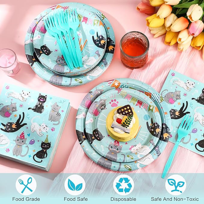122 Pcs Cat Birthday Party Supplies Disposable Cat Themed Tableware Include 24 Dinner Plates 24 Dessert Plates 50 Paper Napkins 24 Forks Kitten Birthday Party Decoration for 24 Guests (Green)