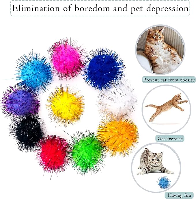 PET SHOW Pack of 30pcs Cat Toy Balls Set Interactive Pompoms Kitten Toys Golden Thread Ball Paper Balls Quiet Indoor Outdoor Footballs Play Activity Chase Training